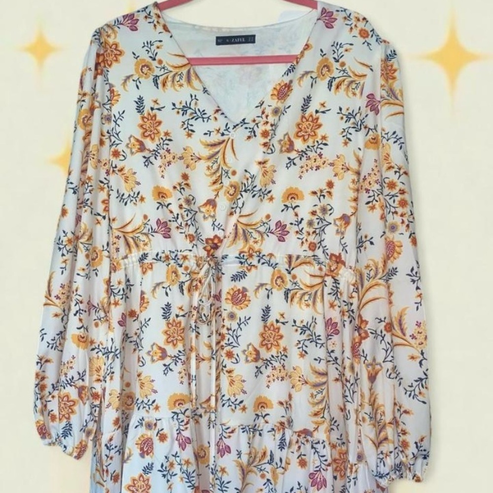 Zaful Long Sleeve Floral Dress - White and Orange